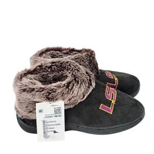 LSU Embroider Women Small 5/6 Black Fur Hard Bottom Slipper NEW College Football